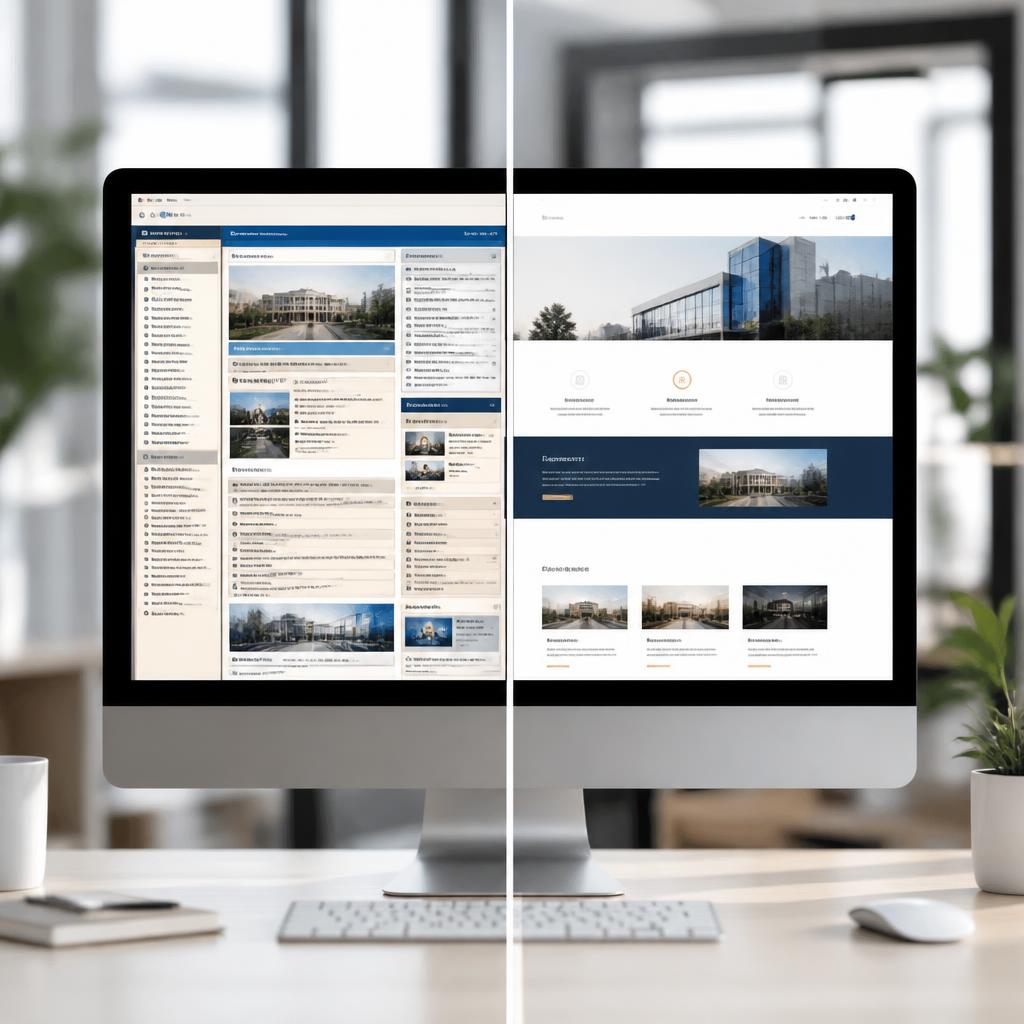 Before and after: a cluttered old business website transformed into a clean, modern redesign